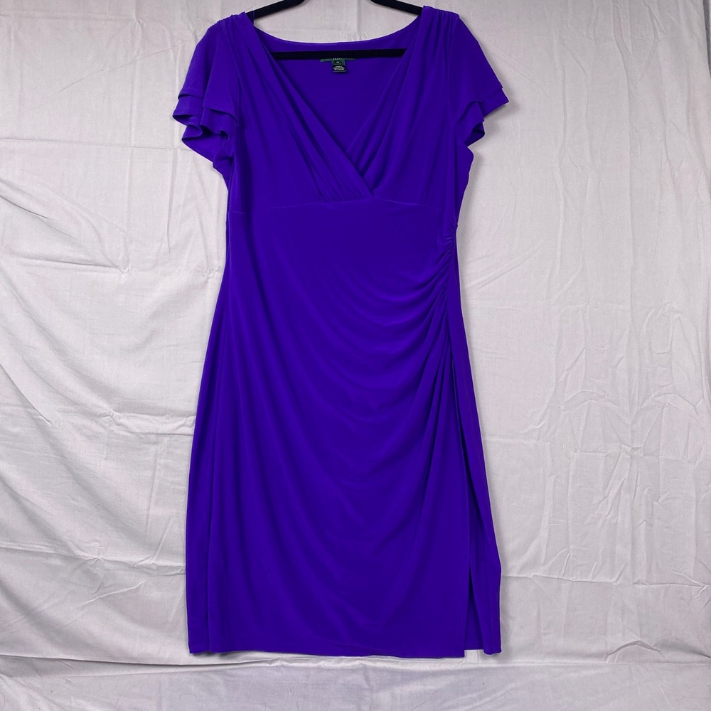Lauren Ralph Lauren Ruched Sheath Dress Women 16 Purple Flutter Sleeve Cocktail